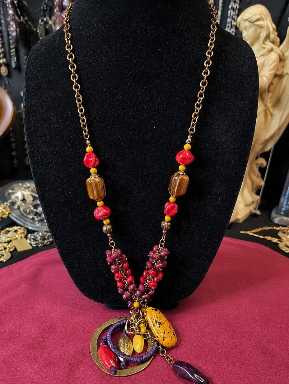 Y2K Boho Statement Necklace Long Mixed Media Charm Necklace Glass Acrylic Beads